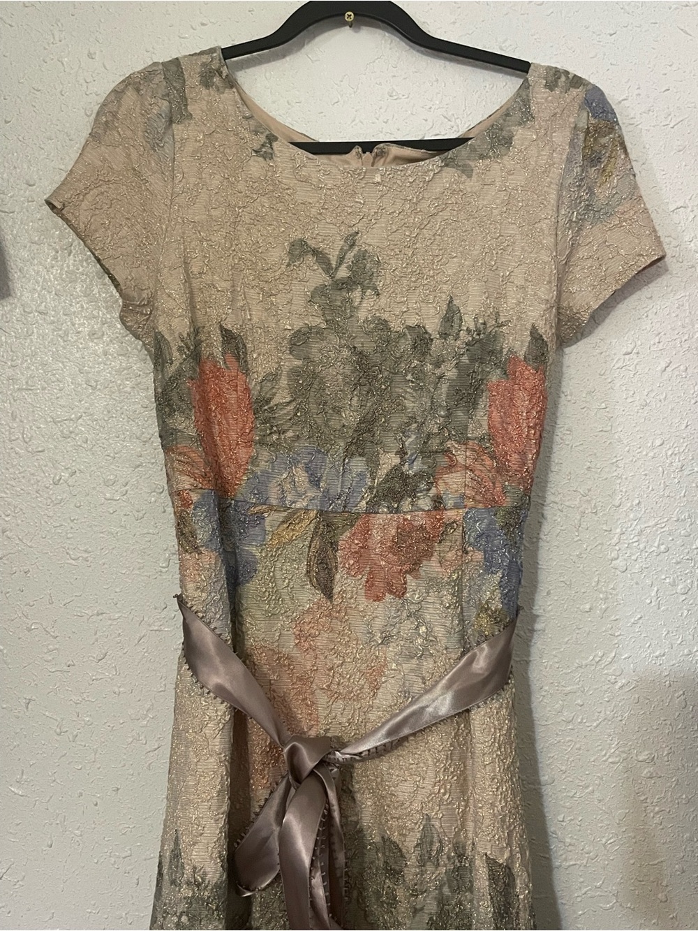 Floral Lace Fit-and-Flare Dress in Beige and Coral
